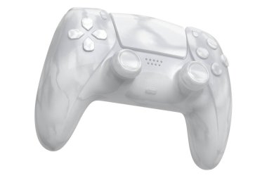 Beyaz arka planda gerçekçi mermer video oyunu joystick 'i. Bulut oyunu veya şampiyon ve kazanan ödülleri konsepti için 3B yayın ekipmanı