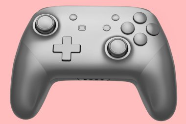 Pembe arka planda gerçekçi gümüş video oyunu joystick 'i. Bulut oyunu veya şampiyon ve kazanan ödülleri konsepti için 3B yayın ekipmanı