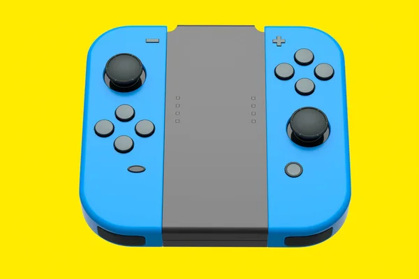 黄色の背景にタッチスクリーンに接続されたポータブルブルービデオゲームコントローラ オンラインゲームのためのスマートフォン用ゲームパッドの3Dレンダリング — ストック写真