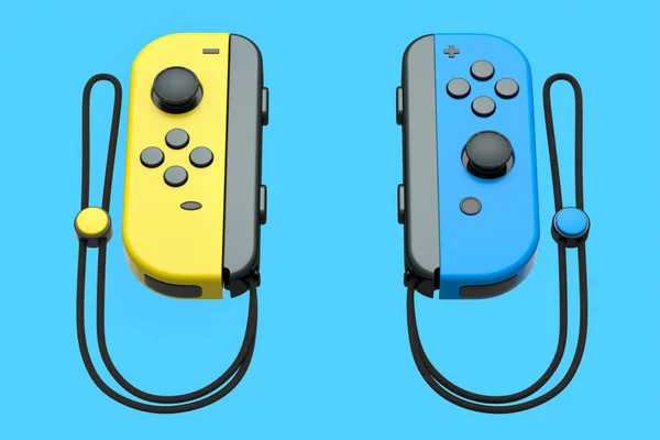 青い背景にロープ上のポータブル黄色のビデオゲームコントローラ オンラインゲームのためのスマートフォン用ゲームパッドの3Dレンダリング — ストック写真