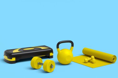 Yoga minderi, dambıl ve mavi arka planda yürüyen ayak gibi spor ekipmanlarının farklı bir görüntüsü var. Güç kaldırma ve zindelik kavramının 3 boyutlu canlandırması