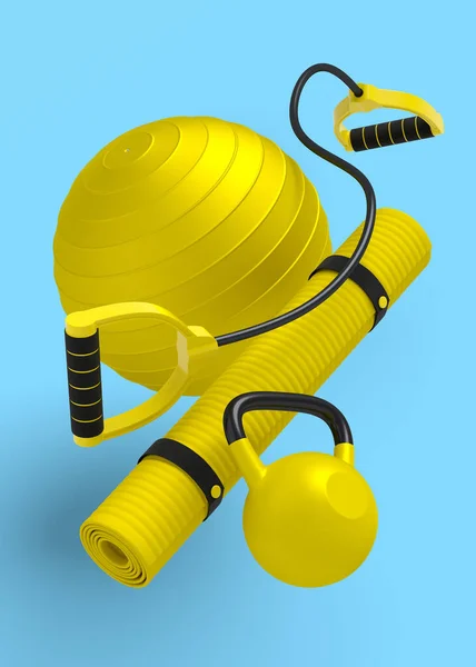 Flygande Sportutrustning Som Yogamatta Kettlebell Och Expander Blå Bakgrund Render — Stockfoto