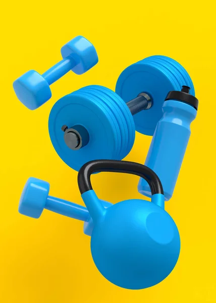 Equipamento Desportivo Voador Como Kettlebell Haltere Garrafa Água Fundo Amarelo — Fotografia de Stock