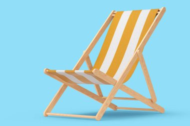 Mavi arka planda izole edilmiş turuncu çizgili plaj sandalyesi. 3D plaj, okyanus tatili ve yaz tatilleri.