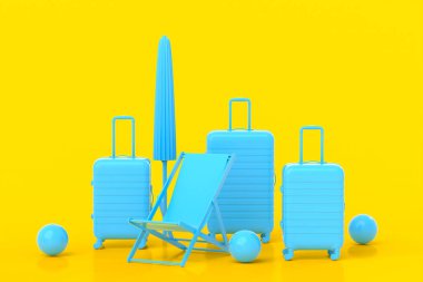 Plaj topu, şemsiye ve tek renkli sarı arka planda sandalye olan bavul. Yaz tatili konsepti ve tatillerinin 3 boyutlu canlandırması