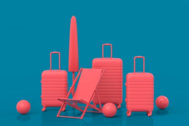 Plaj topu, şemsiye ve mavi arka planda sandalye olan bavul. Yaz tatili konsepti ve tatillerinin 3 boyutlu canlandırması