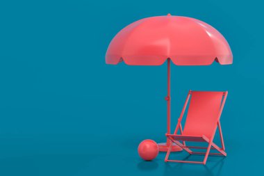 Şemsiyeli plaj sandalyesi ve mavi arka planda plaj topu. Yaz tatili kavramının 3 boyutlu canlandırması