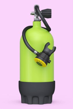 Pembe arka planda izole edilmiş şnorkelle yüzmek için yeşil dalış tankı tam oksijen. Yaz tatili için 3D dalış ve spor malzemesi.