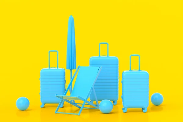 Koffer Mit Strandball Sonnenschirm Und Stuhl Auf Monochromgelbem Hintergrund Darstellung — Stockfoto