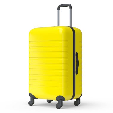 Sarı polikarbonat bavulu beyaz arka planda izole edilmiş. 3D seyahat konsepti bagaj veya bagaj