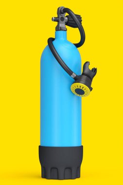 Mavi dalış tankı sarı arka planda izole edilmiş şnorkelle yüzmek için tam oksijen. Yaz tatili için 3D dalış ve spor malzemesi.