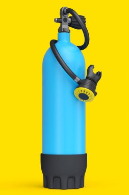 Mavi dalış tankı sarı arka planda izole edilmiş şnorkelle yüzmek için tam oksijen. Yaz tatili için 3D dalış ve spor malzemesi.