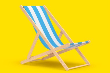Sarı arka planda izole edilmiş mavi çizgili plaj sandalyesi. 3D plaj, okyanus tatili ve yaz tatilleri.
