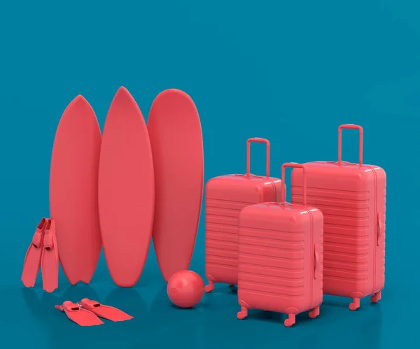 青い背景にビーチボールとサーフボード付きのスーツケース 夏休みのコンセプトと休日の3Dレンダリング — ストック写真
