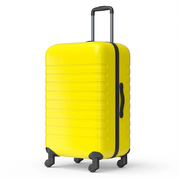 ホワイトを基調としたイエローのポリカーボネート製スーツケース 荷物又は荷物の3Dレンダリング旅行コンセプト — ストック写真