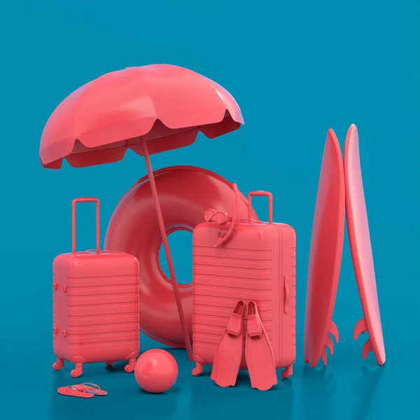 青い背景にビーチ傘とサーフボード付きのスーツケース 夏休みのコンセプトと休日の3Dレンダリング — ストック写真