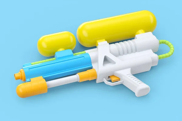 青い背景に隔離されたスイミングプールで遊んだり水をやるためのプラスチック製の水銃のおもちゃ 3Dレンダリング家族の娯楽コンセプトとビーチアクティビティ — ストック写真