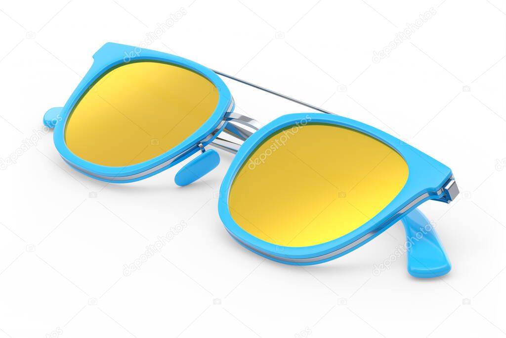 Realistic sunglasess with gradient lens and blue plastic frame for summertime on white background. 3d render family travel concept and eyes protection on sun