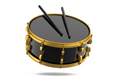 Gerçekçi davul ve tahta bagetler beyazda. Müzik enstrümanının 3D görüntüsü