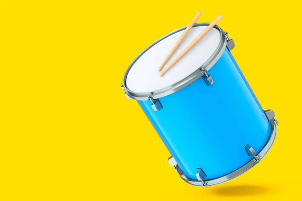 Ρεαλιστικά drum και ξύλινα drum sticks στο κίτρινο. 3d απόδοση του μουσικού οργάνου — Φωτογραφία Αρχείου