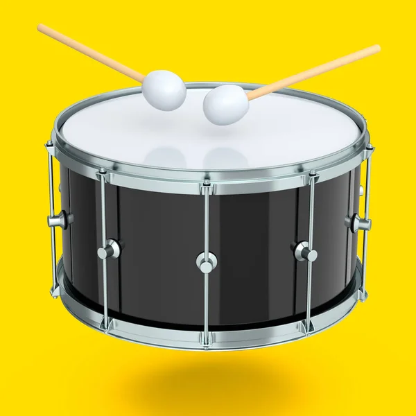 Реалистичные барабаны и деревянные барабанные палочки на желтом. 3D визуализация музыкального инструмента — стоковое фото