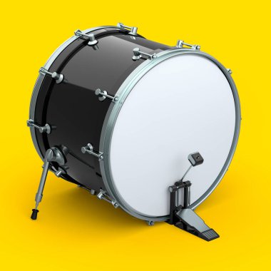 Sarı arka planda pedalı olan gerçekçi bir davul. Müzik enstrümanının 3D görüntüsü