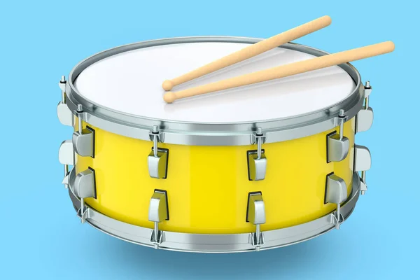 Realistické bubny a dřevěné tyčinky na modré. 3D vykreslení hudebního nástroje — Stock fotografie