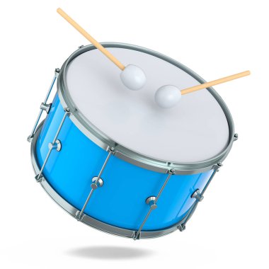 Gerçekçi davul ve tahta bagetler beyazda. Müzik enstrümanının 3D görüntüsü