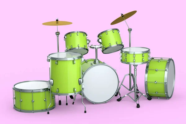 Uppsättning realistiska trummor med metall cymbaler eller trumset på rosa bakgrund — Stockfoto