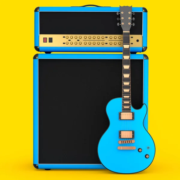 Classical amplifier with acoustic guitar isolated on yellow background.