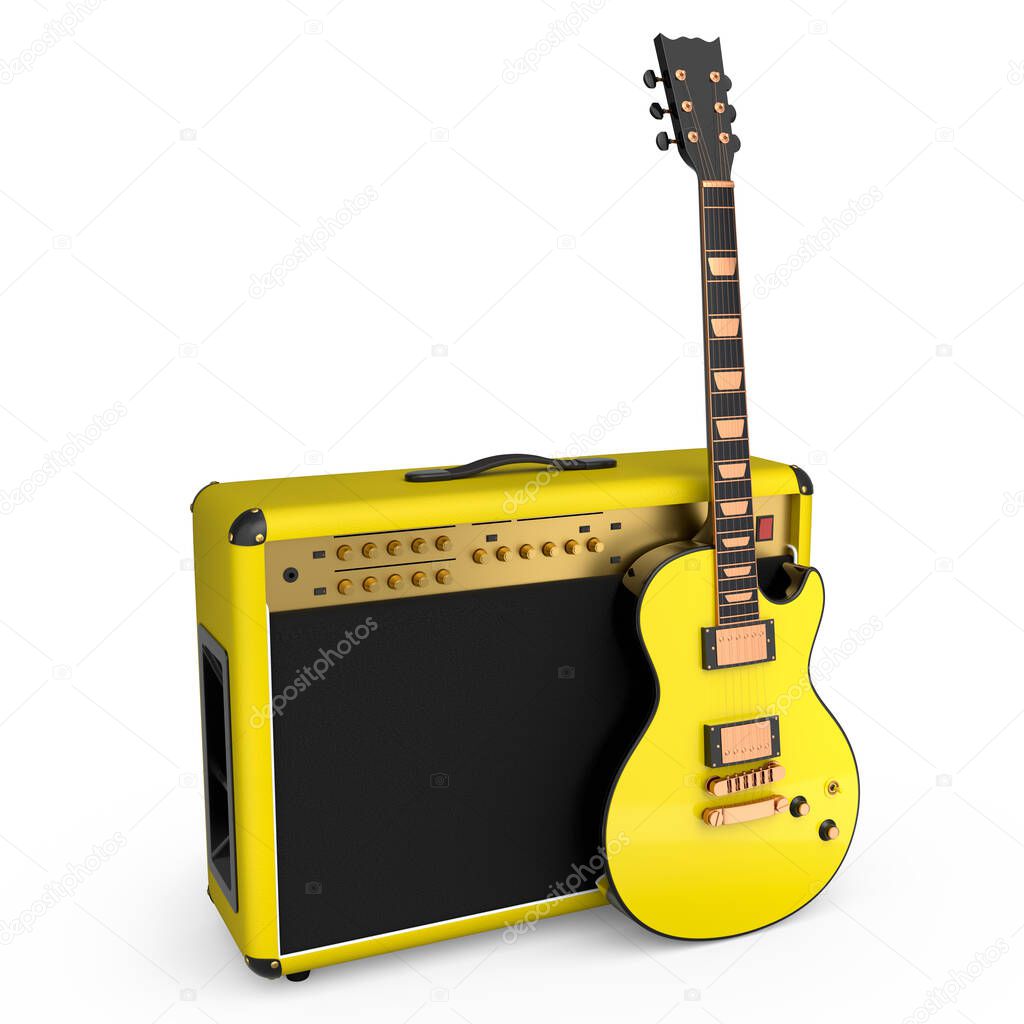 Classical amplifier with acoustic guitar isolated on white background.