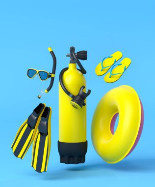Colorful scuba stuff and beach accessories like umbrella, flip flops and inflatable ring on blue background. 3D render of summer vacation concept and holidays clipart