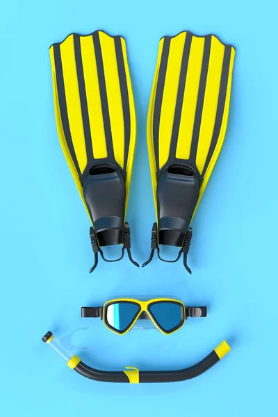 Colorida Máscara Buceo Aletas Tubo Snorkel Sobre Fondo Azul Representación — Foto de Stock