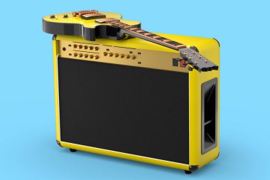 Mavi arka planda izole edilmiş elektro ya da akustik gitarlı klasik amplifikatör. Stüdyo veya prova odasında bas gitar kaydetmek için 3D yükseltici, rock festivali poste konsepti