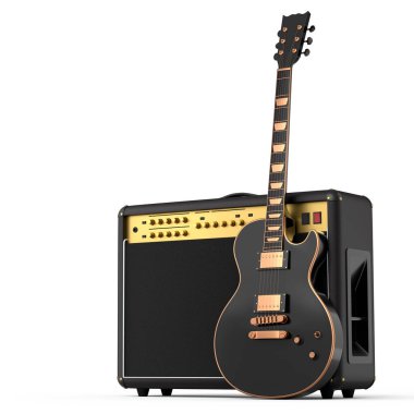 Beyaz arka planda izole edilmiş elektro veya akustik gitarlı klasik amplifikatör. Stüdyo veya prova odasında bas gitar kaydetmek için 3D yükseltici, rock festivali poste konsepti