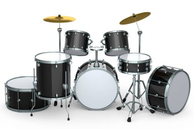 Beyaz arka planda metal zilleri olan gerçekçi davullar. 3D render müzik perküsyon enstrümanı, davul makinesi ve bateri seti