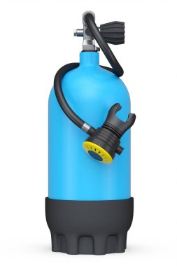 Mavi dalış tankı beyaz arka planda izole edilmiş şnorkelle yüzmek için tam oksijen. Yaz tatili için 3D dalış ve spor malzemesi.