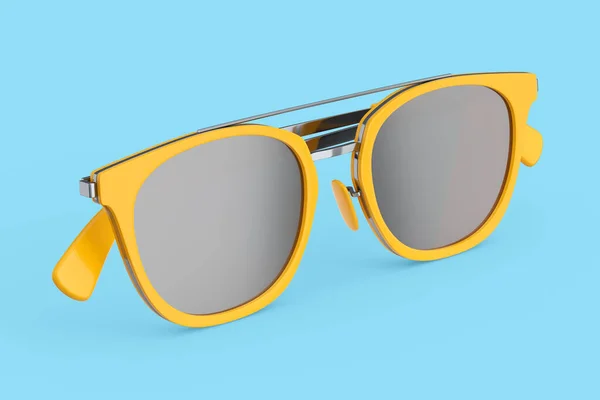 青の背景に夏のためのグラデーションレンズとオレンジプラスチックフレームと現実的なサングラス 3Dレンダリング家族旅行のコンセプトと太陽の目の保護 — ストック写真