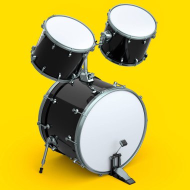 Sarı arka planda pedalı olan gerçekçi davullar. 3D render müzik aleti, davul makinesi konsepti.
