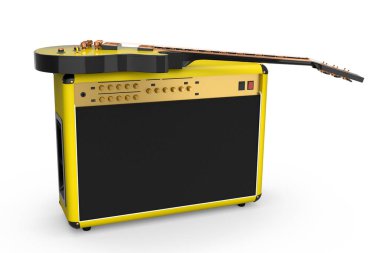Beyaz arka planda izole edilmiş elektro veya akustik gitarlı klasik amplifikatör. Stüdyo veya prova odasında bas gitar kaydetmek için 3D yükseltici, rock festivali poste konsepti