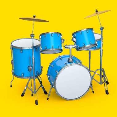 Sarı arka planda metal zilleri olan gerçekçi davullar. 3D render müzik perküsyon enstrümanı, davul makinesi ve bateri seti
