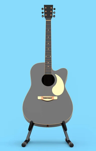 スタンド上の電気音響ギターは青の背景に隔離されています 音楽ショップのための重い金属ギターとロックフェスティバルポスターのための概念の3Dレンダリング — ストック写真