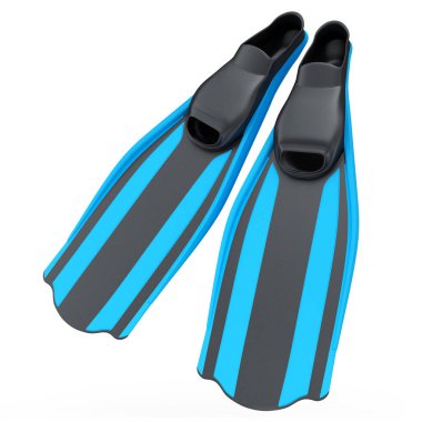 Beyaz arka planda mavi yüzgeçliler izole edilmiş. 3D dalış ve şnorkelle yüzme ekipmanı