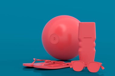 Plaj mavisi arka planda parmak arası terlik, güneş gözlüğü, güneş kremi ve top gibi plaj aksesuarları. Yaz tatili konsepti ve tatillerinin 3 boyutlu canlandırması