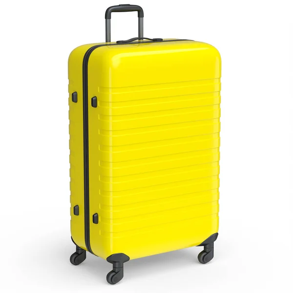 白色背景的大型黄色聚碳酸酯箱 3D使旅行概念成为行李或行李 — 图库照片