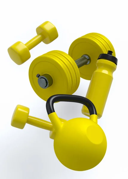 Attrezzature Sportive Volanti Come Kettlebell Manubri Borraccia Sfondo Bianco Rendering — Foto Stock