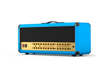 Beyaz zemin üzerinde klasik elektrik ve akustik gitar amplifikatörü izole edildi. Stüdyo veya prova odasında bas gitar kaydetmek için 3D yükseltici