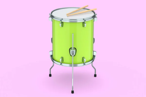 现实的鼓和木制鼓粘在粉红色的背景上 鼓机的3D渲染概念 — 图库照片
