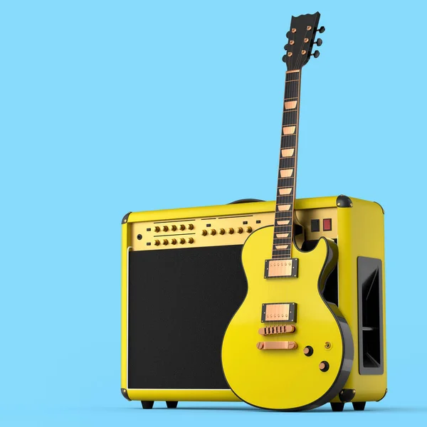 经典放大器 电吉他或声学吉他隔离在蓝色背景 录音室或排练室录制低音吉他的放大器3D渲染 摇滚音乐节吹奏概念 — 图库照片
