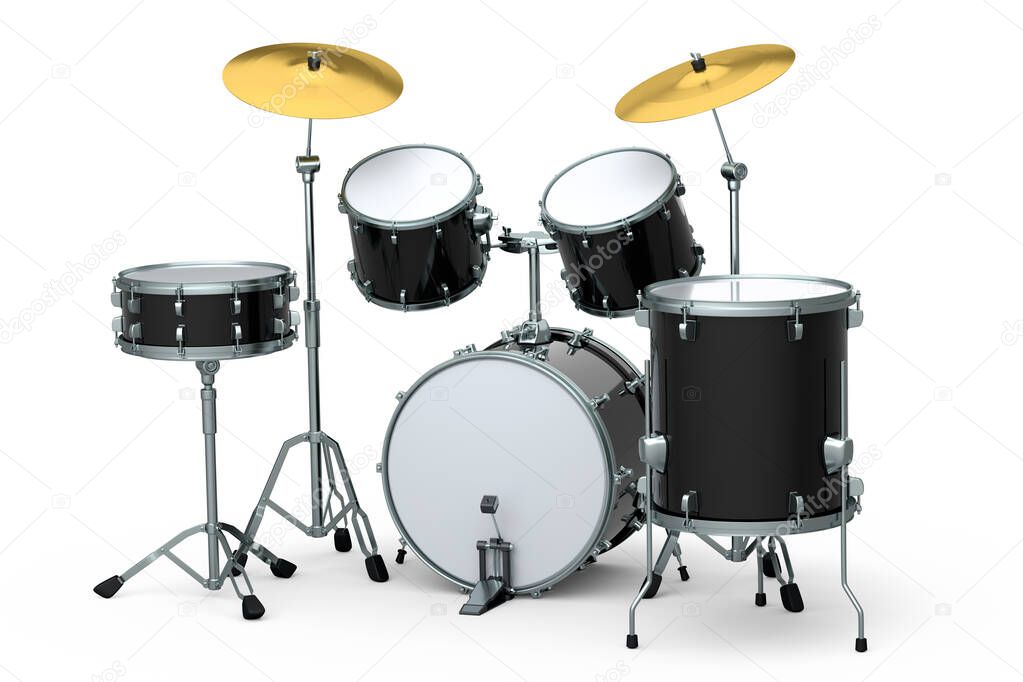 Set of realistic drums with metal cymbals on white background. 3d render concept of musical percussion instrument, drum machine and drumset